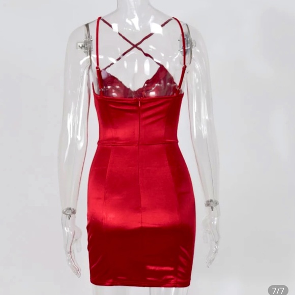 Red Criss Cross Strap Satin Mini Dress - Picture 9 of 11